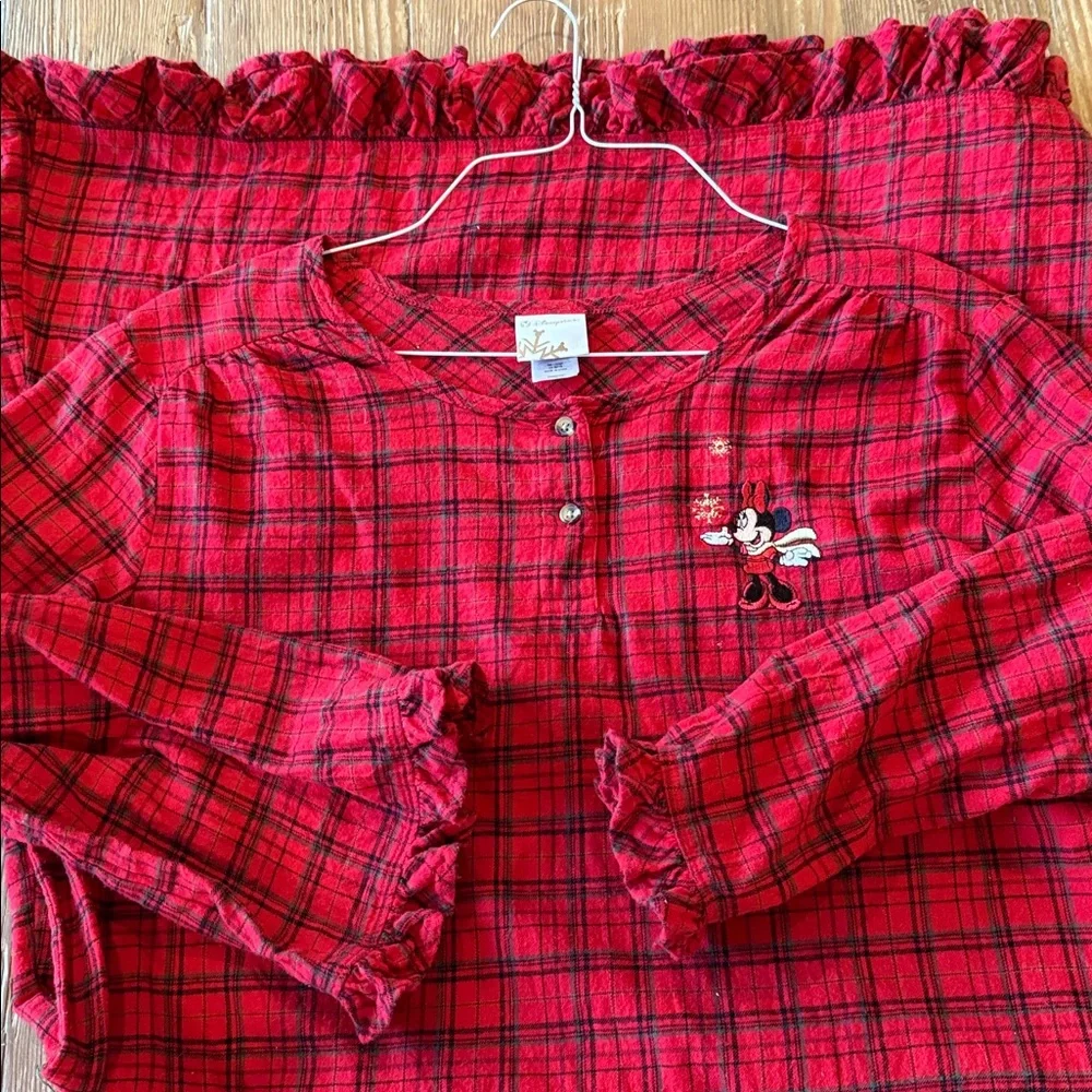 Disney woman’s Minnie Mouse large long sleeve red black ruffle plaid nightgown - Picture 4 of 5